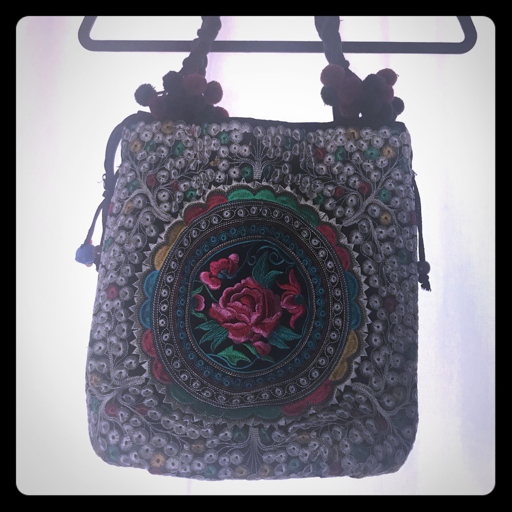 Indian Inspired Embroidery Tote with Pom Poms